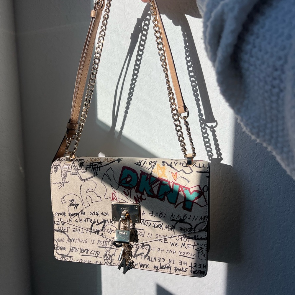 Donna Karan Cream Crossbody Bag with Silver Chain